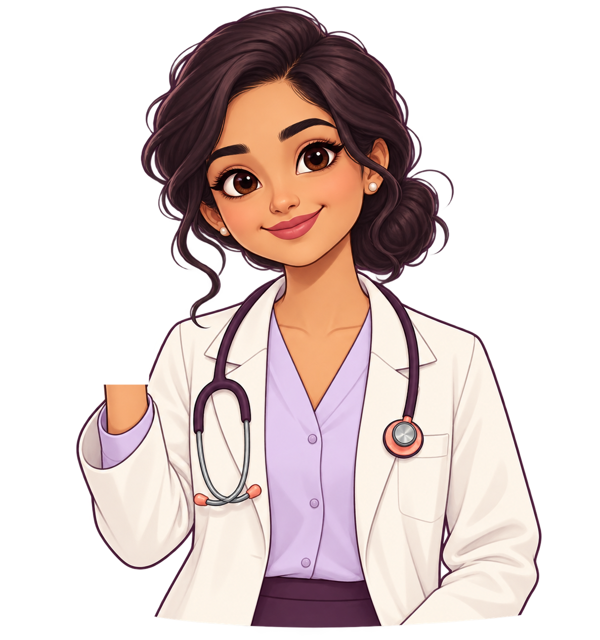Illustration of Dr. Shradha Kapoor waving, wearing a white coat and stethoscope